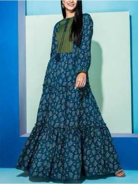 Nishat 100% Pima Cotton Long-Sleeve Floral Maxi Dress Size S Teal Olive Bodice